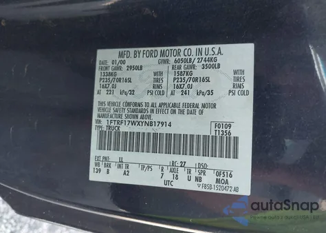 2000 Ford F-150 Work Series/Xl/Xlt из США, поврежденный, VIN 1FTRF17WXYNB17914